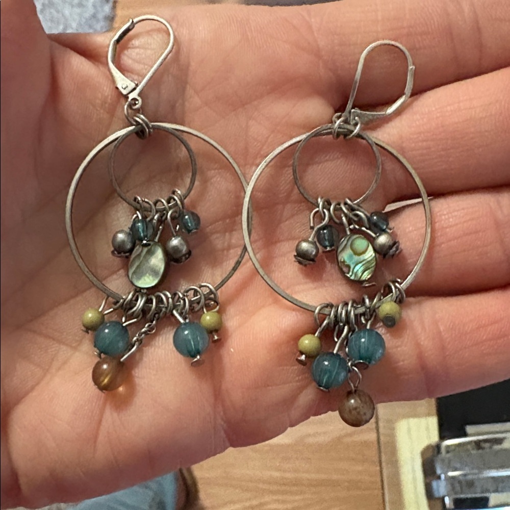 ABALONE SHELL AND BEADED DOUBLE SILVER LOOPED DROP DANGLE LEVERBACK 2.8"EARRINGS - Picture 5 of 10